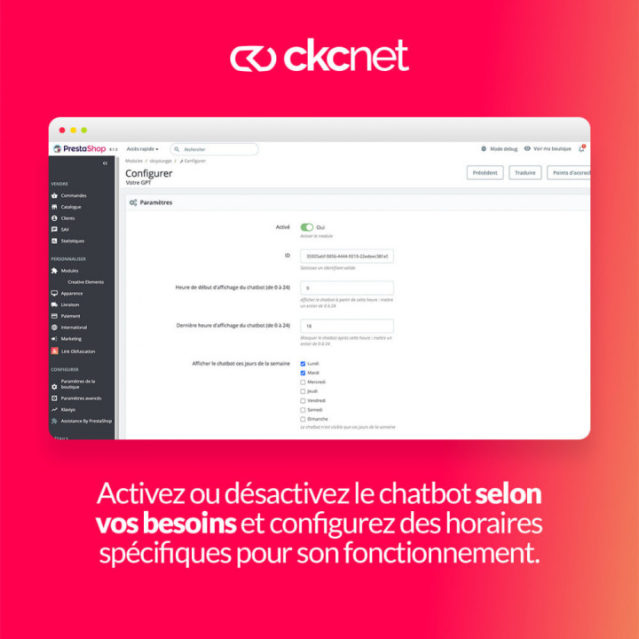 YourGPT chatbot module with enable/disable and scheduling options